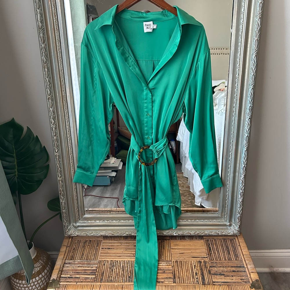 Green Satin Belted Shirt Dress